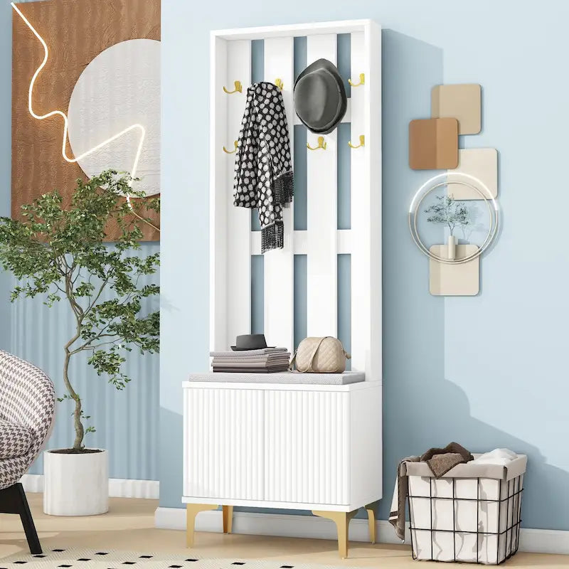 Albero da ingresso scanalato bianco/grigio/nero con panca imbottita, 8 ganci dorati e ripiano regolabile – Ingresso per 1 persona