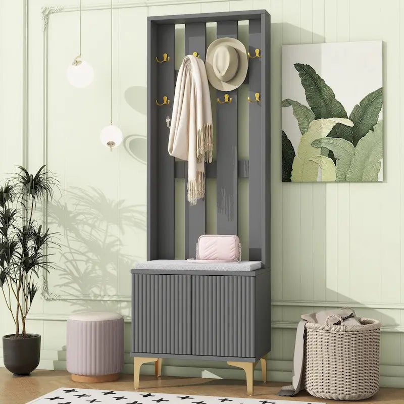 Albero da ingresso scanalato bianco/grigio/nero con panca imbottita, 8 ganci dorati e ripiano regolabile – Ingresso per 1 persona