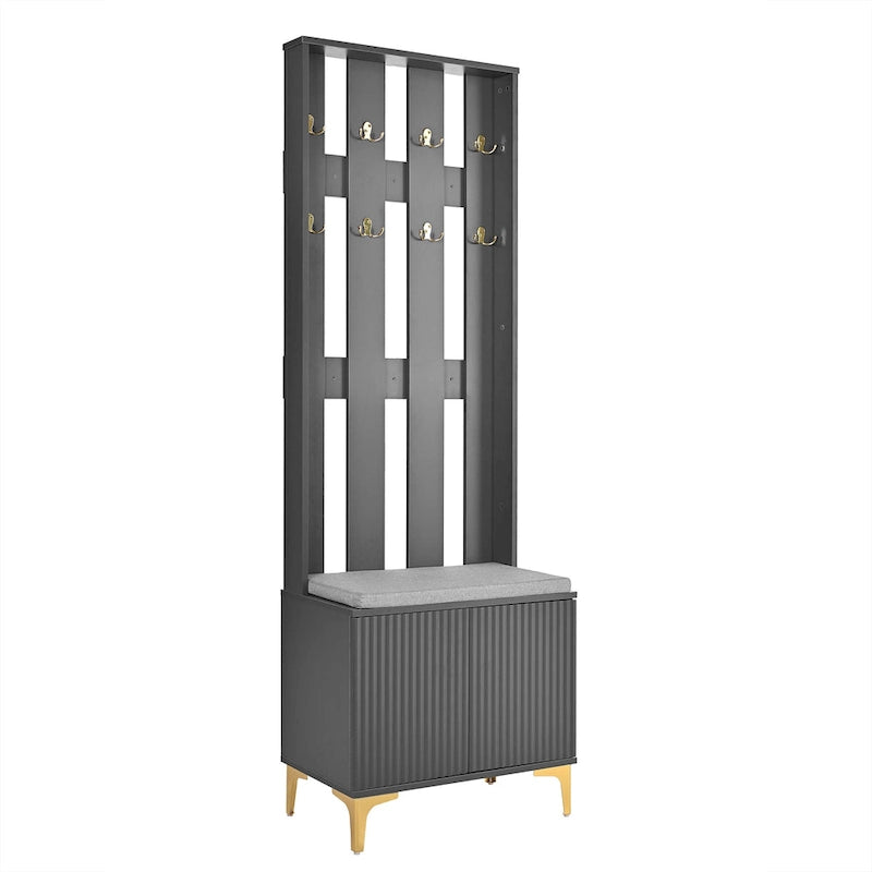 Albero da ingresso scanalato bianco/grigio/nero con panca imbottita, 8 ganci dorati e ripiano regolabile – Ingresso per 1 persona