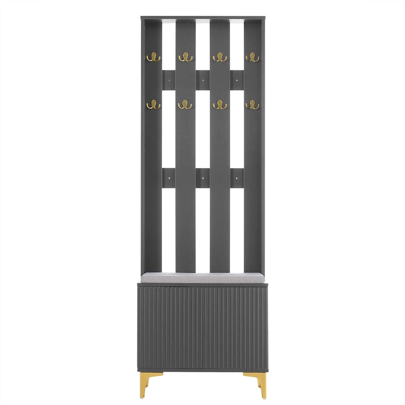 Albero da ingresso scanalato bianco/grigio/nero con panca imbottita, 8 ganci dorati e ripiano regolabile – Ingresso per 1 persona