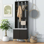 Albero da ingresso scanalato bianco/grigio/nero con panca imbottita, 8 ganci dorati e ripiano regolabile – Ingresso per 1 persona