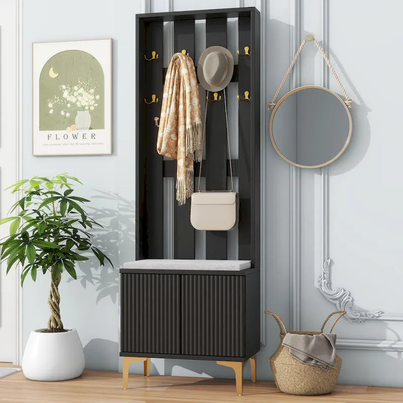 Albero da ingresso scanalato bianco/grigio/nero con panca imbottita, 8 ganci dorati e ripiano regolabile – Ingresso per 1 persona