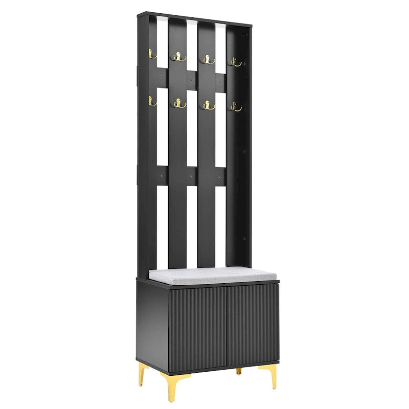 Albero da ingresso scanalato bianco/grigio/nero con panca imbottita, 8 ganci dorati e ripiano regolabile – Ingresso per 1 persona