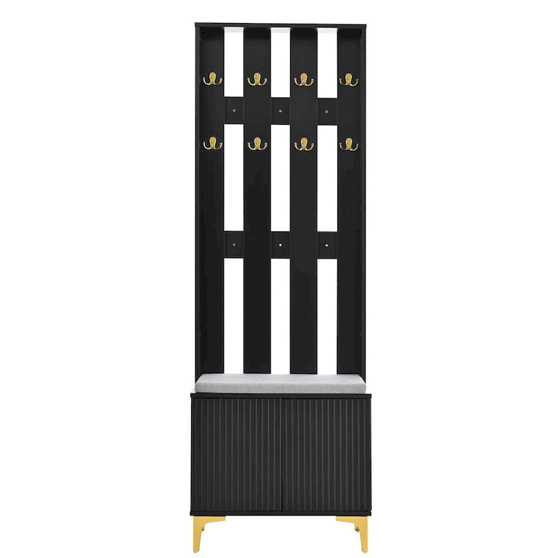 Albero da ingresso scanalato bianco/grigio/nero con panca imbottita, 8 ganci dorati e ripiano regolabile – Ingresso per 1 persona