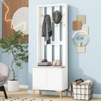 Albero da ingresso scanalato bianco/grigio/nero con panca imbottita, 8 ganci dorati e ripiano regolabile – Ingresso per 1 persona