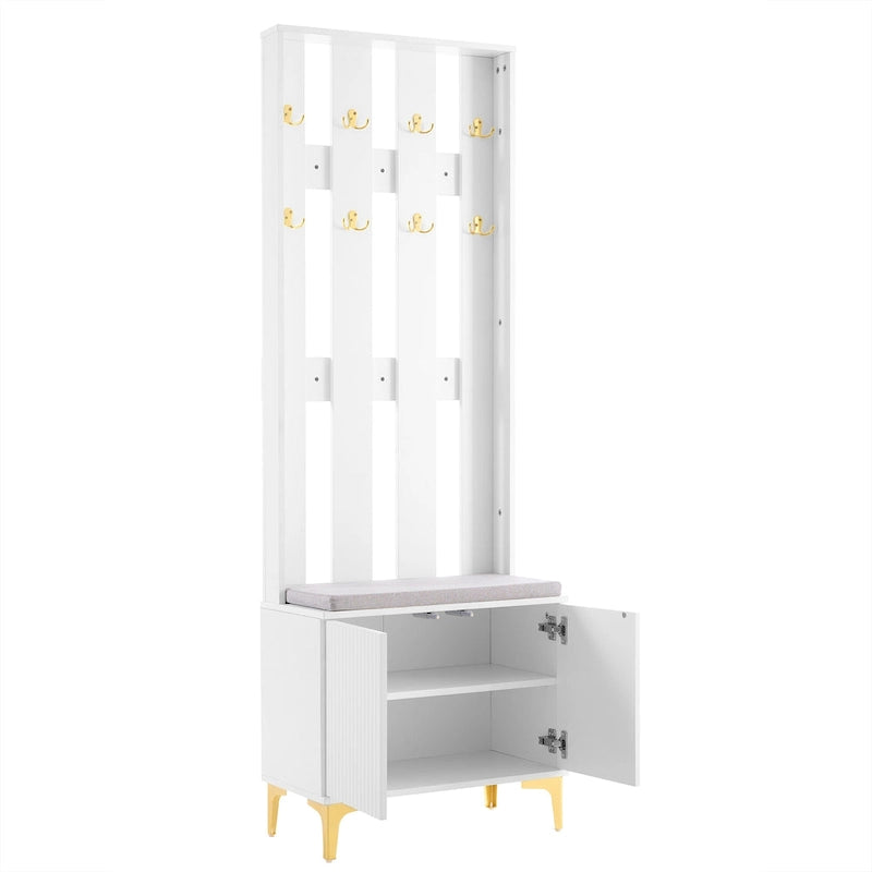 Albero da ingresso scanalato bianco/grigio/nero con panca imbottita, 8 ganci dorati e ripiano regolabile – Ingresso per 1 persona