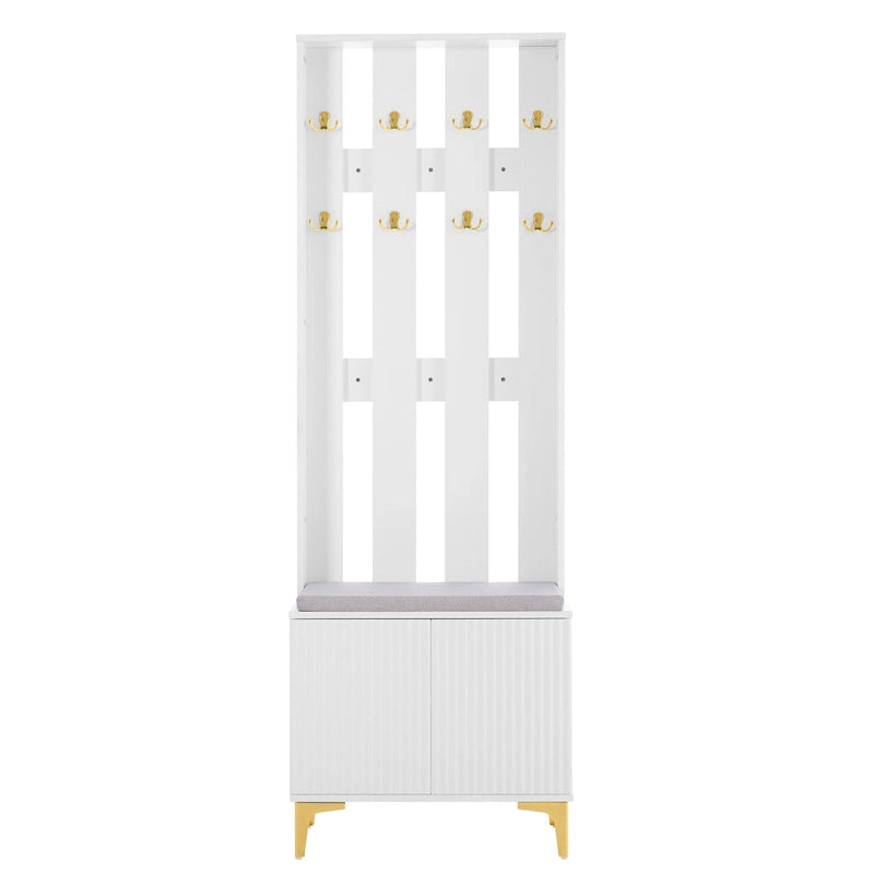 Albero da ingresso scanalato bianco/grigio/nero con panca imbottita, 8 ganci dorati e ripiano regolabile – Ingresso per 1 persona