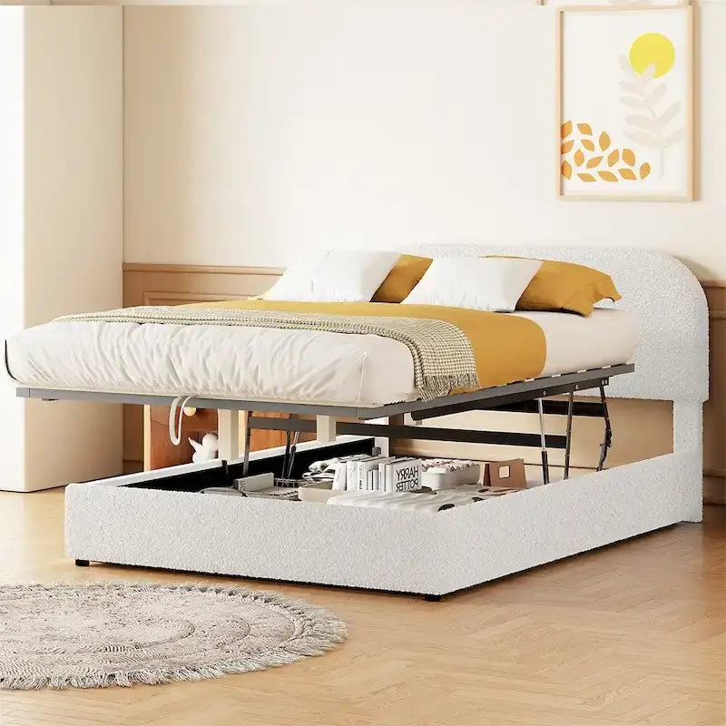 Letto con piattaforma curva in pile teddy bianco con contenitore idraulico, dimensioni complete, singolo