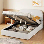 Letto con piattaforma curva in pile teddy bianco con contenitore idraulico, dimensioni complete, singolo