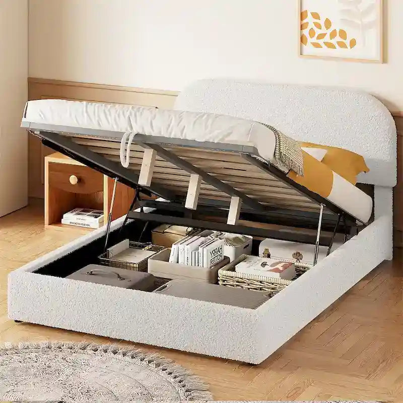 Letto con piattaforma curva in pile teddy bianco con contenitore idraulico, dimensioni complete, singolo