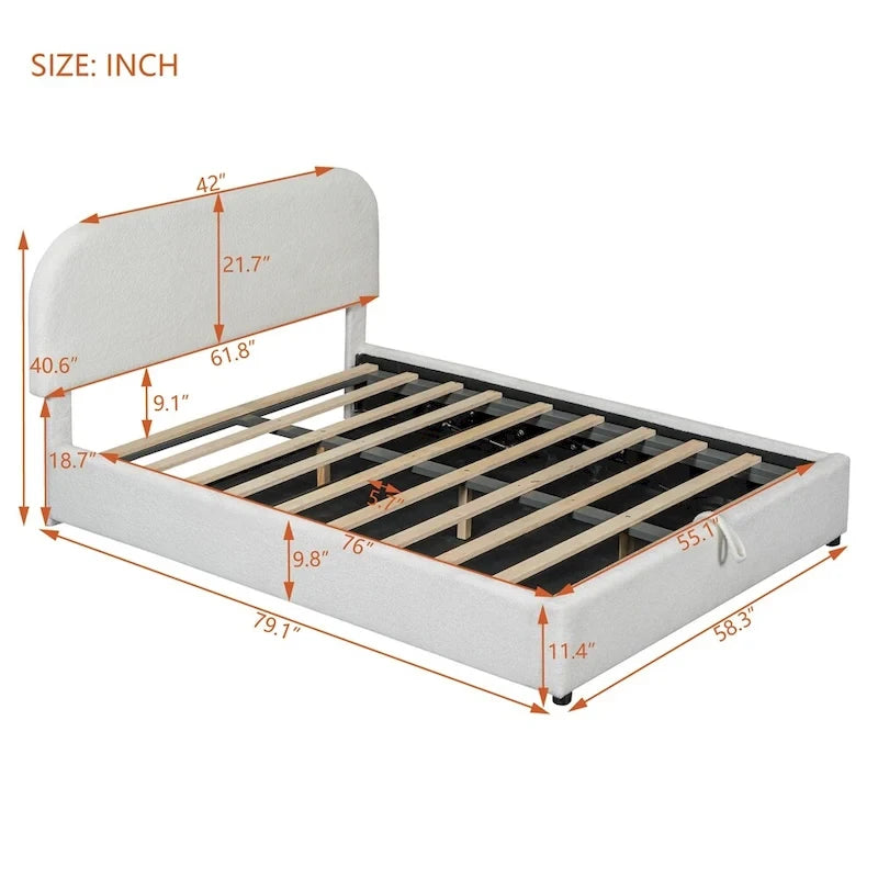 Letto con piattaforma curva in pile teddy bianco con contenitore idraulico, dimensioni complete, singolo