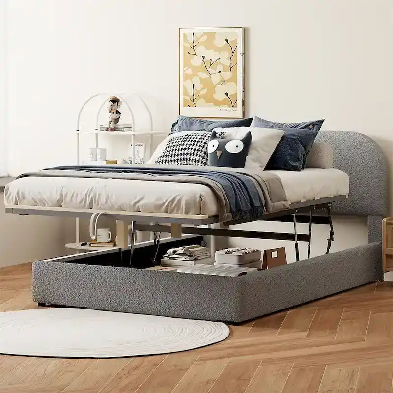 Letto con piattaforma curva in pile teddy bianco con contenitore idraulico, dimensioni complete, singolo