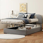 Letto con piattaforma curva in pile teddy bianco con contenitore idraulico, dimensioni complete, singolo