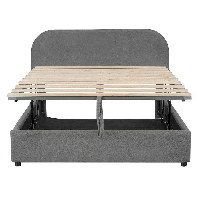 Letto con piattaforma curva in pile teddy bianco con contenitore idraulico, dimensioni complete, singolo