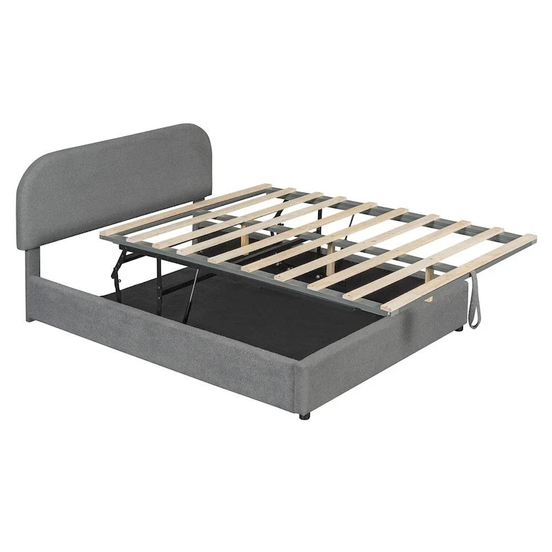Letto con piattaforma curva in pile teddy bianco con contenitore idraulico, dimensioni complete, singolo