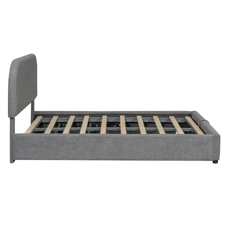 Letto con piattaforma curva in pile teddy bianco con contenitore idraulico, dimensioni complete, singolo
