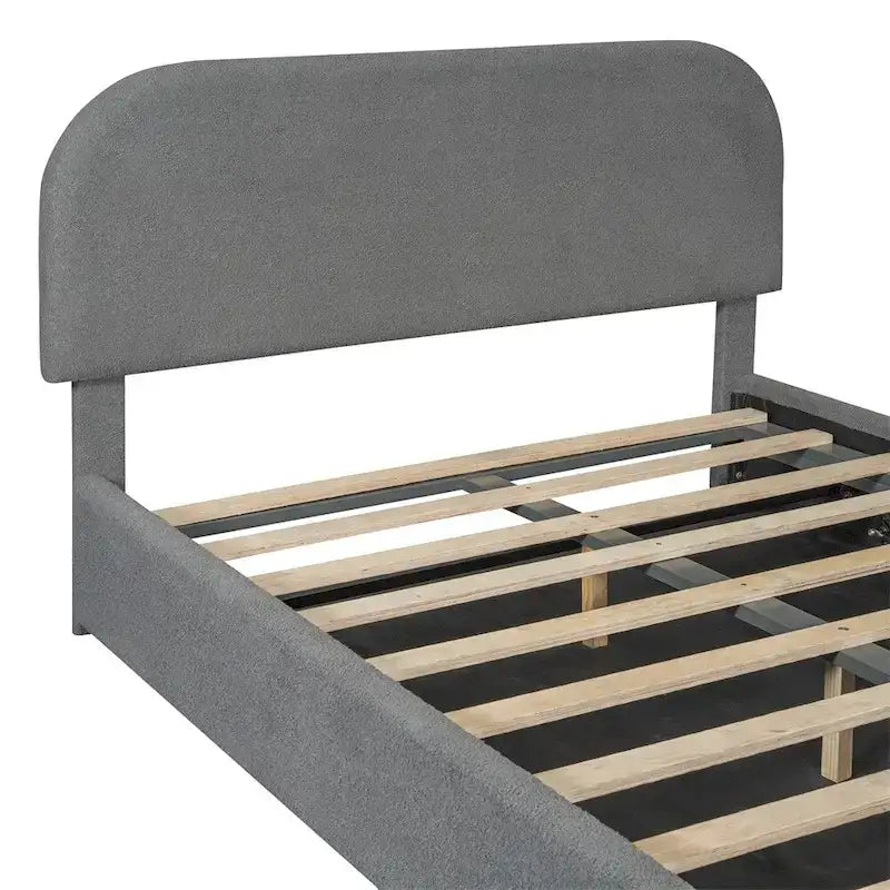 Letto con piattaforma curva in pile teddy bianco con contenitore idraulico, dimensioni complete, singolo