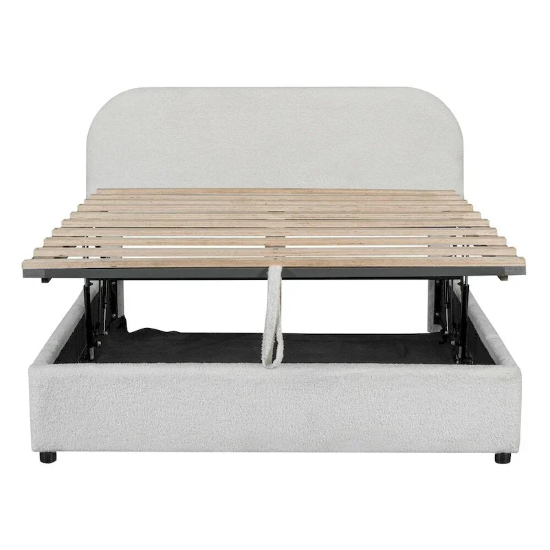 Letto con piattaforma curva in pile teddy bianco con contenitore idraulico, dimensioni complete, singolo