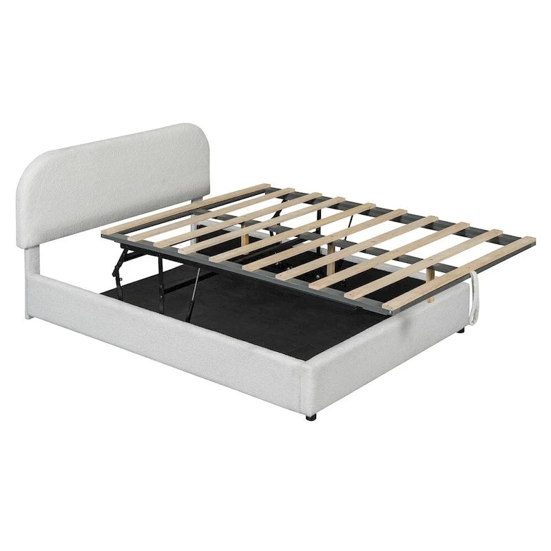 Letto con piattaforma curva in pile teddy bianco con contenitore idraulico, dimensioni complete, singolo