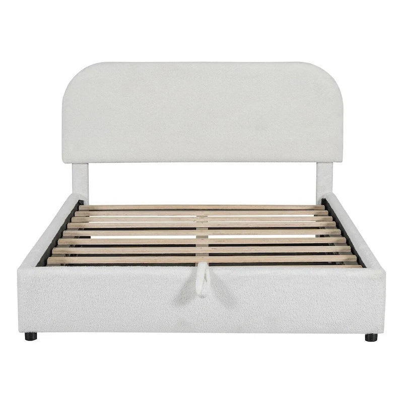 Letto con piattaforma curva in pile teddy bianco con contenitore idraulico, dimensioni complete, singolo