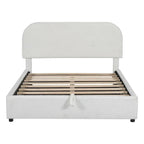 Letto con piattaforma curva in pile teddy bianco con contenitore idraulico, dimensioni complete, singolo