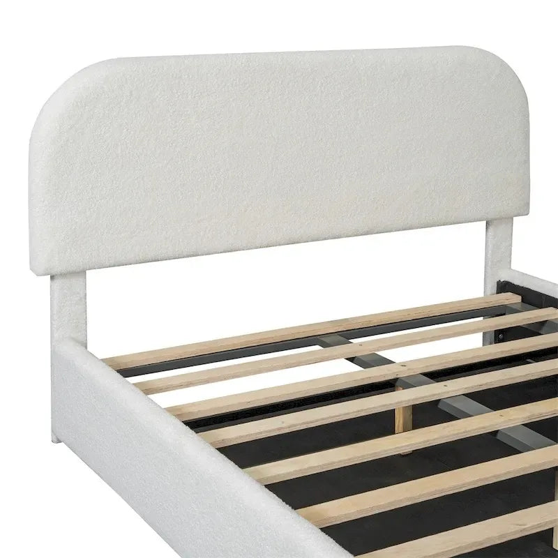 Letto con piattaforma curva in pile teddy bianco con contenitore idraulico, dimensioni complete, singolo