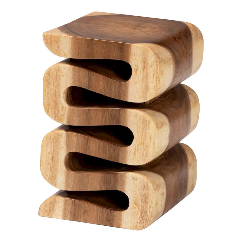 Tavolino finale in legno di Suar intagliato a mano, marrone naturale, stile scultoreo, per 1 persona