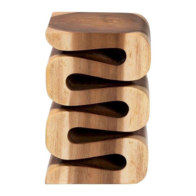 Tavolino finale in legno di Suar intagliato a mano, marrone naturale, stile scultoreo, per 1 persona
