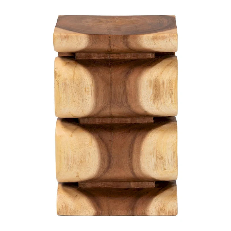 Tavolino finale in legno di Suar intagliato a mano, marrone naturale, stile scultoreo, per 1 persona