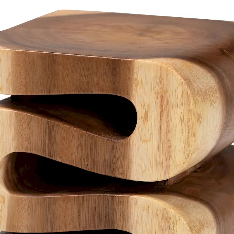 Tavolino finale in legno di Suar intagliato a mano, marrone naturale, stile scultoreo, per 1 persona