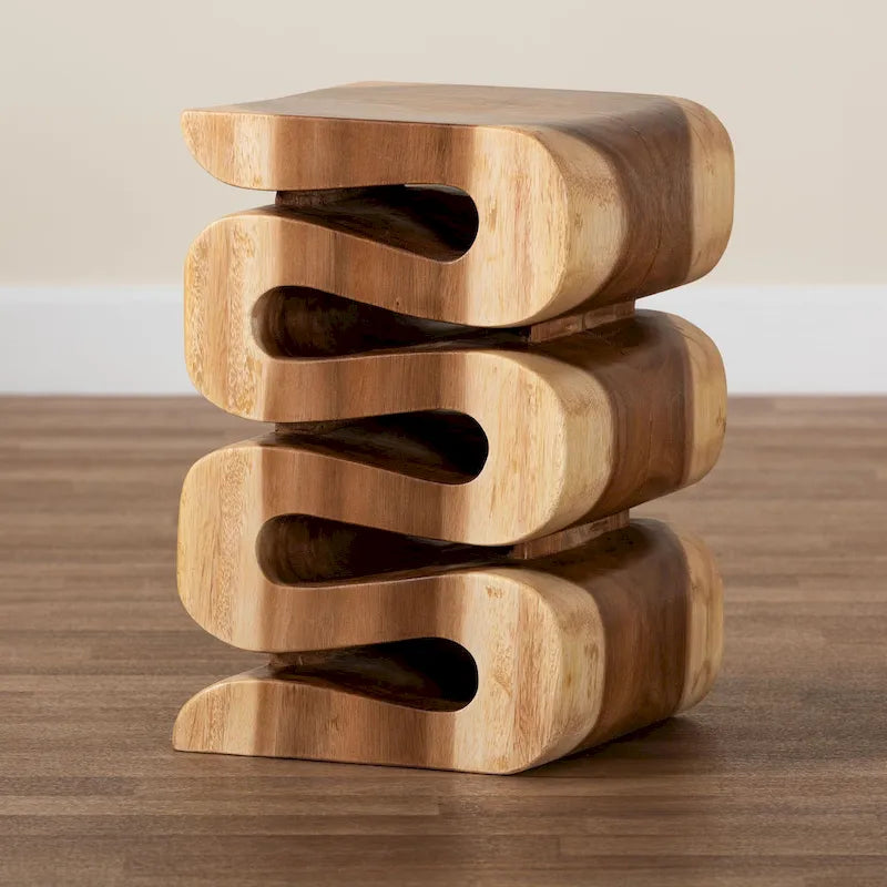 Tavolino finale in legno di Suar intagliato a mano, marrone naturale, stile scultoreo, per 1 persona
