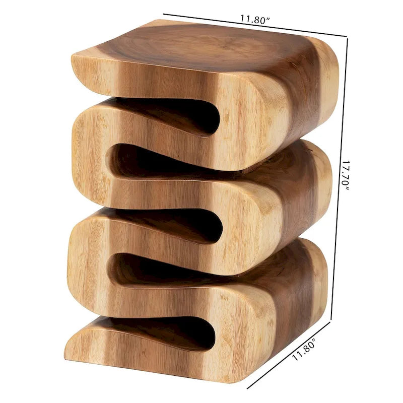 Tavolino finale in legno di Suar intagliato a mano, marrone naturale, stile scultoreo, per 1 persona