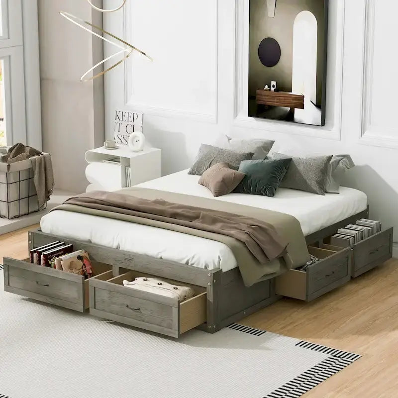 Letto a piattaforma Queen grigio/beige/bianco con 6 cassetti contenitore, senza testiera, adatto a 1-2 persone