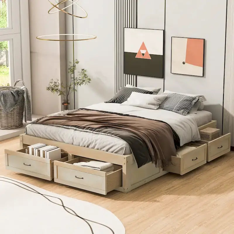 Letto a piattaforma Queen grigio/beige/bianco con 6 cassetti contenitore, senza testiera, adatto a 1-2 persone