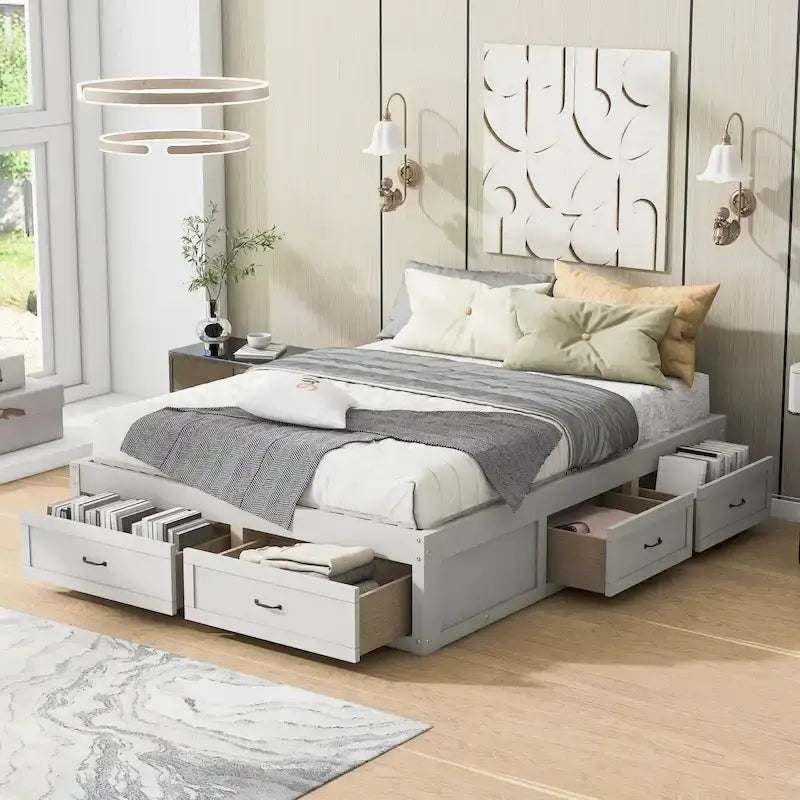 Letto a piattaforma Queen grigio/beige/bianco con 6 cassetti contenitore, senza testiera, adatto a 1-2 persone