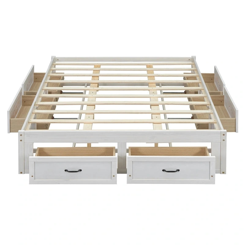 Letto a piattaforma Queen grigio/beige/bianco con 6 cassetti contenitore, senza testiera, adatto a 1-2 persone