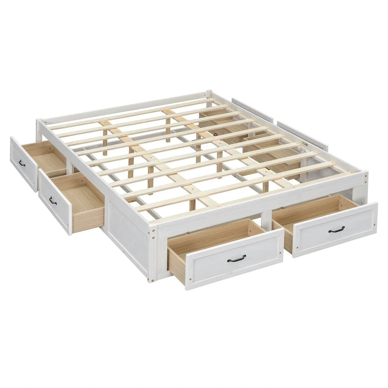 Letto a piattaforma Queen grigio/beige/bianco con 6 cassetti contenitore, senza testiera, adatto a 1-2 persone