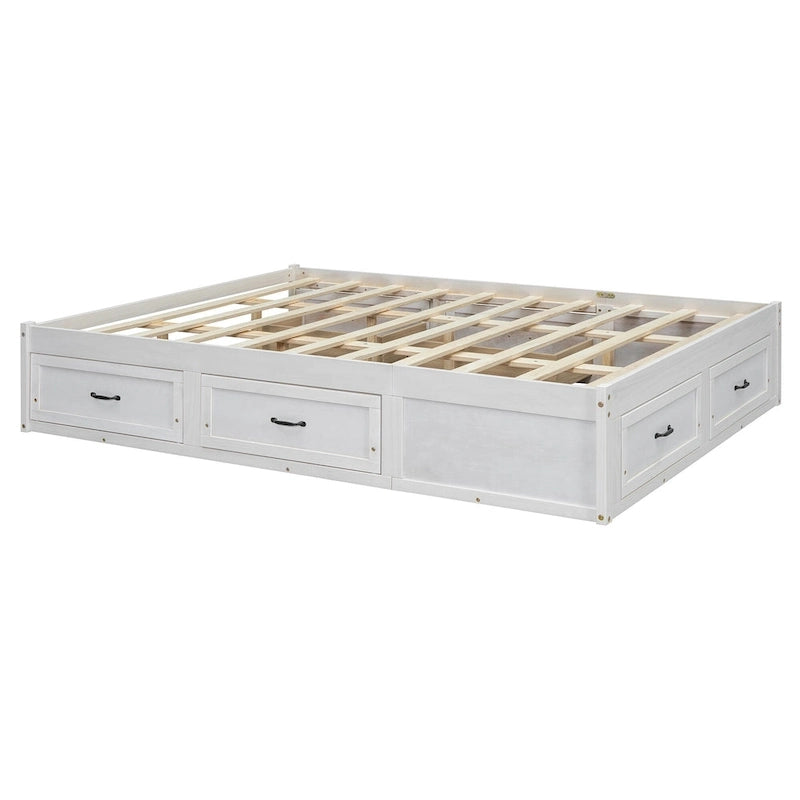 Letto a piattaforma Queen grigio/beige/bianco con 6 cassetti contenitore, senza testiera, adatto a 1-2 persone