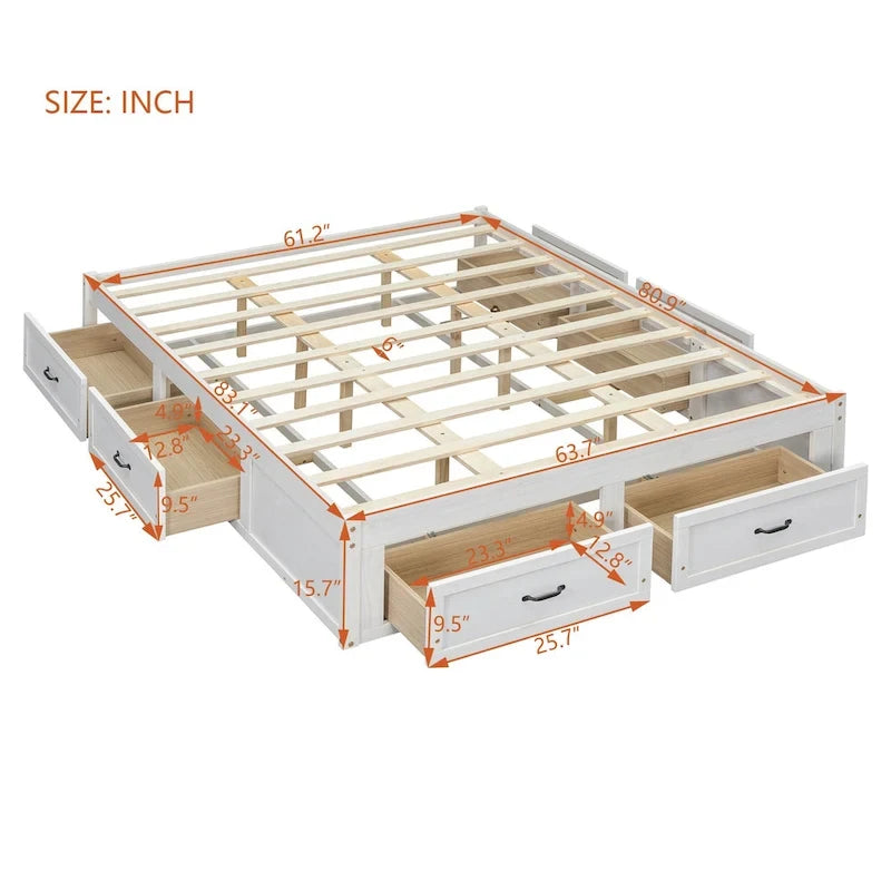 Letto a piattaforma Queen grigio/beige/bianco con 6 cassetti contenitore, senza testiera, adatto a 1-2 persone