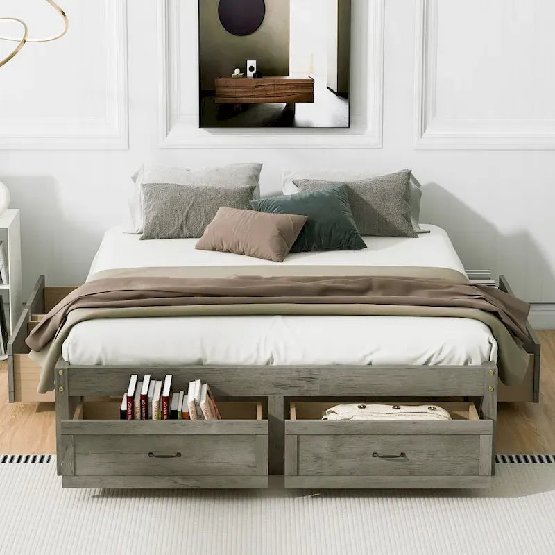 Letto a piattaforma Queen grigio/beige/bianco con 6 cassetti contenitore, senza testiera, adatto a 1-2 persone