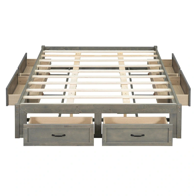 Letto a piattaforma Queen grigio/beige/bianco con 6 cassetti contenitore, senza testiera, adatto a 1-2 persone