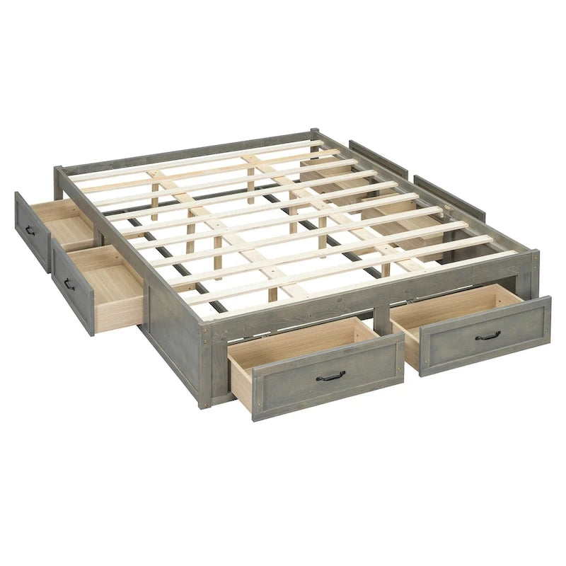 Letto a piattaforma Queen grigio/beige/bianco con 6 cassetti contenitore, senza testiera, adatto a 1-2 persone