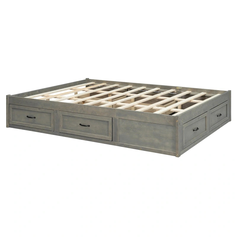 Letto a piattaforma Queen grigio/beige/bianco con 6 cassetti contenitore, senza testiera, adatto a 1-2 persone