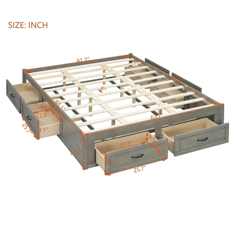 Letto a piattaforma Queen grigio/beige/bianco con 6 cassetti contenitore, senza testiera, adatto a 1-2 persone