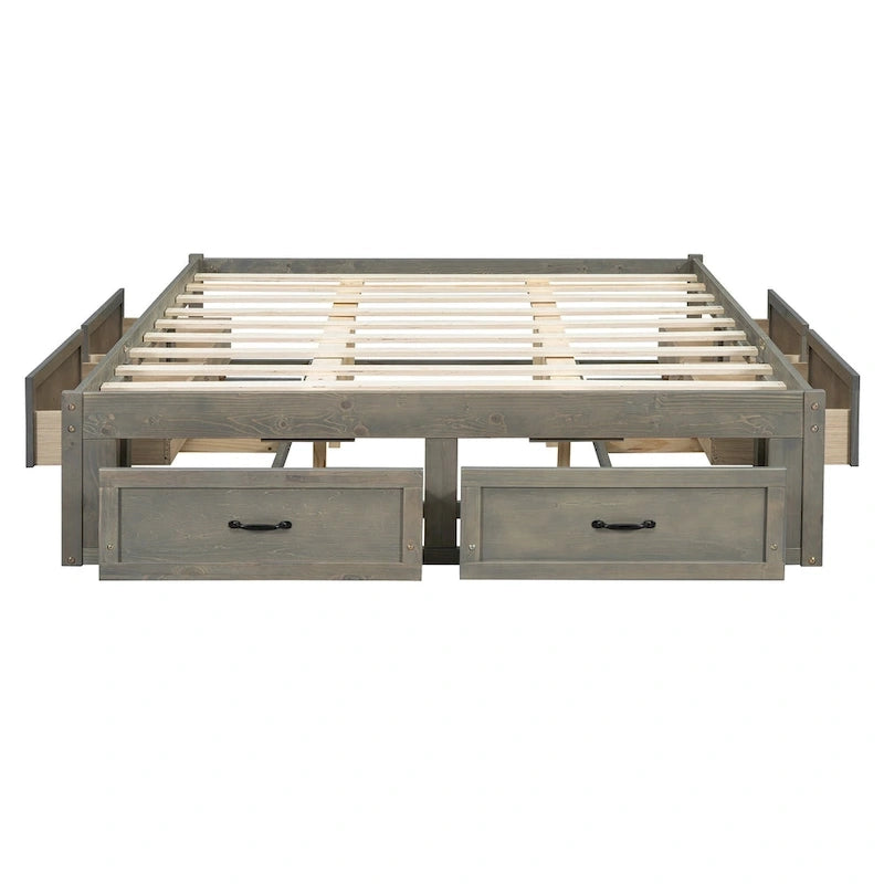 Letto a piattaforma Queen grigio/beige/bianco con 6 cassetti contenitore, senza testiera, adatto a 1-2 persone