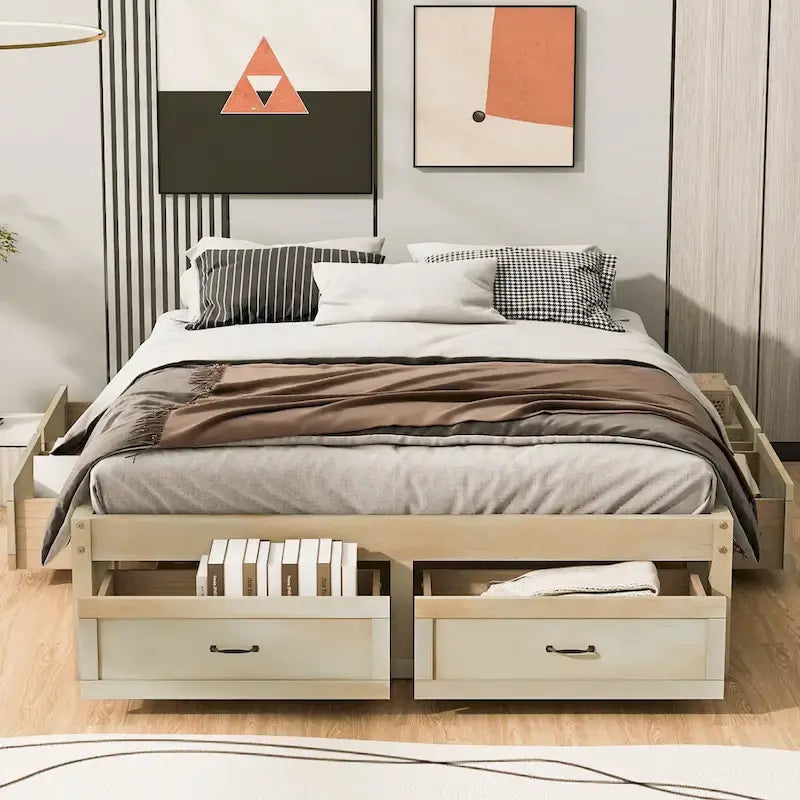 Letto a piattaforma Queen grigio/beige/bianco con 6 cassetti contenitore, senza testiera, adatto a 1-2 persone