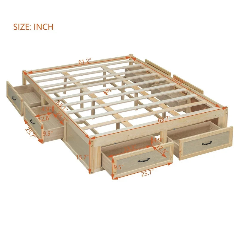 Letto a piattaforma Queen grigio/beige/bianco con 6 cassetti contenitore, senza testiera, adatto a 1-2 persone
