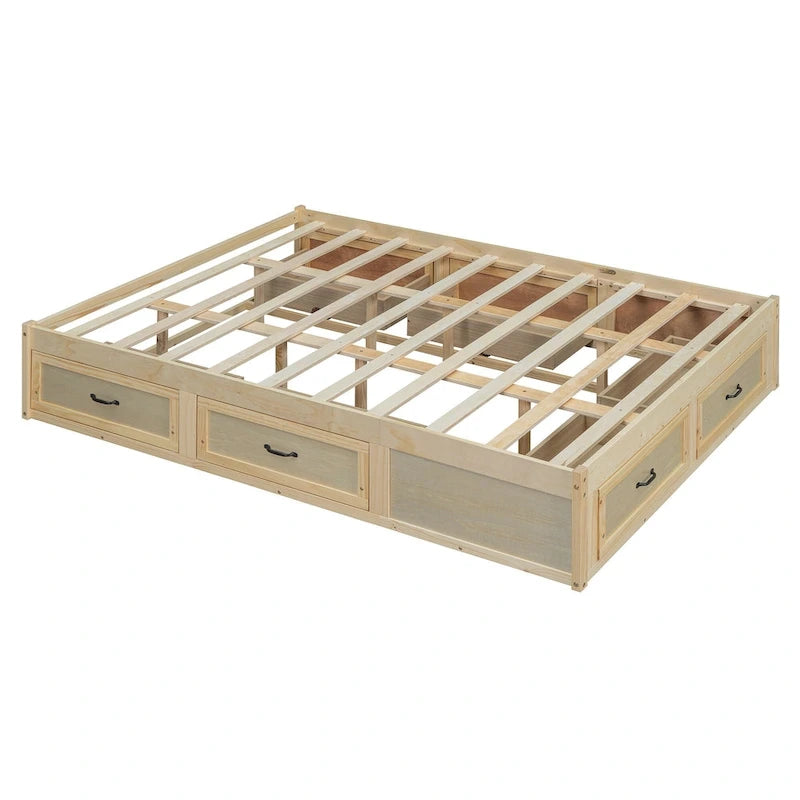 Letto a piattaforma Queen grigio/beige/bianco con 6 cassetti contenitore, senza testiera, adatto a 1-2 persone