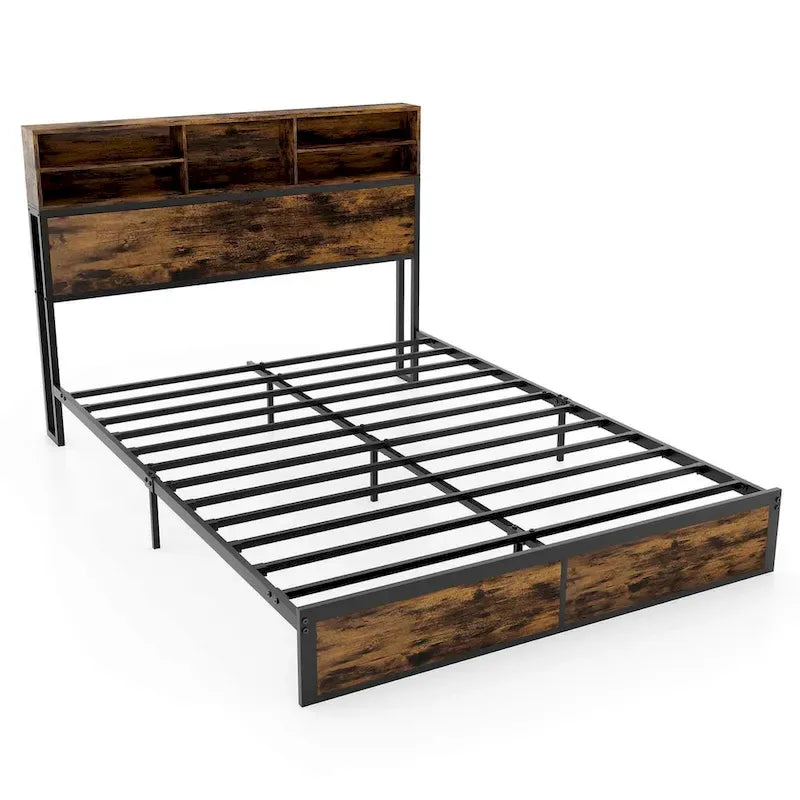 Struttura letto a piattaforma in metallo marrone rustico con contenitore e stazione di ricarica, singolo/matrimoniale/king size
