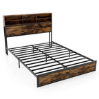 Struttura letto a piattaforma in metallo marrone rustico con contenitore e stazione di ricarica, singolo/matrimoniale/king size